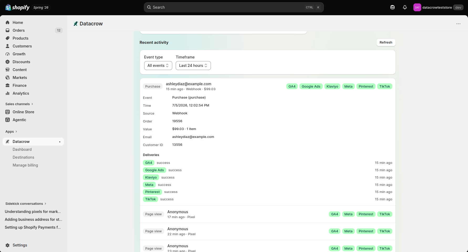 One purchase in Datacrow: received from the store by webhook, with order number, value, customer email and customer ID, then a delivery list with success for GA4, Google Ads, Klaviyo, Meta, Pinterest and TikTok.